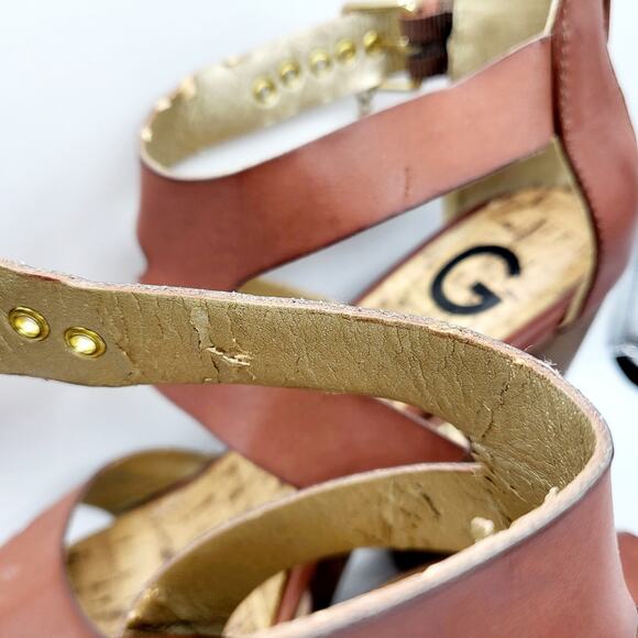 G by GUESS Sylbie Light Brown Strappy Peep Toe Wedge Platform Sandals Size 8.5M - Picture 10 of 13